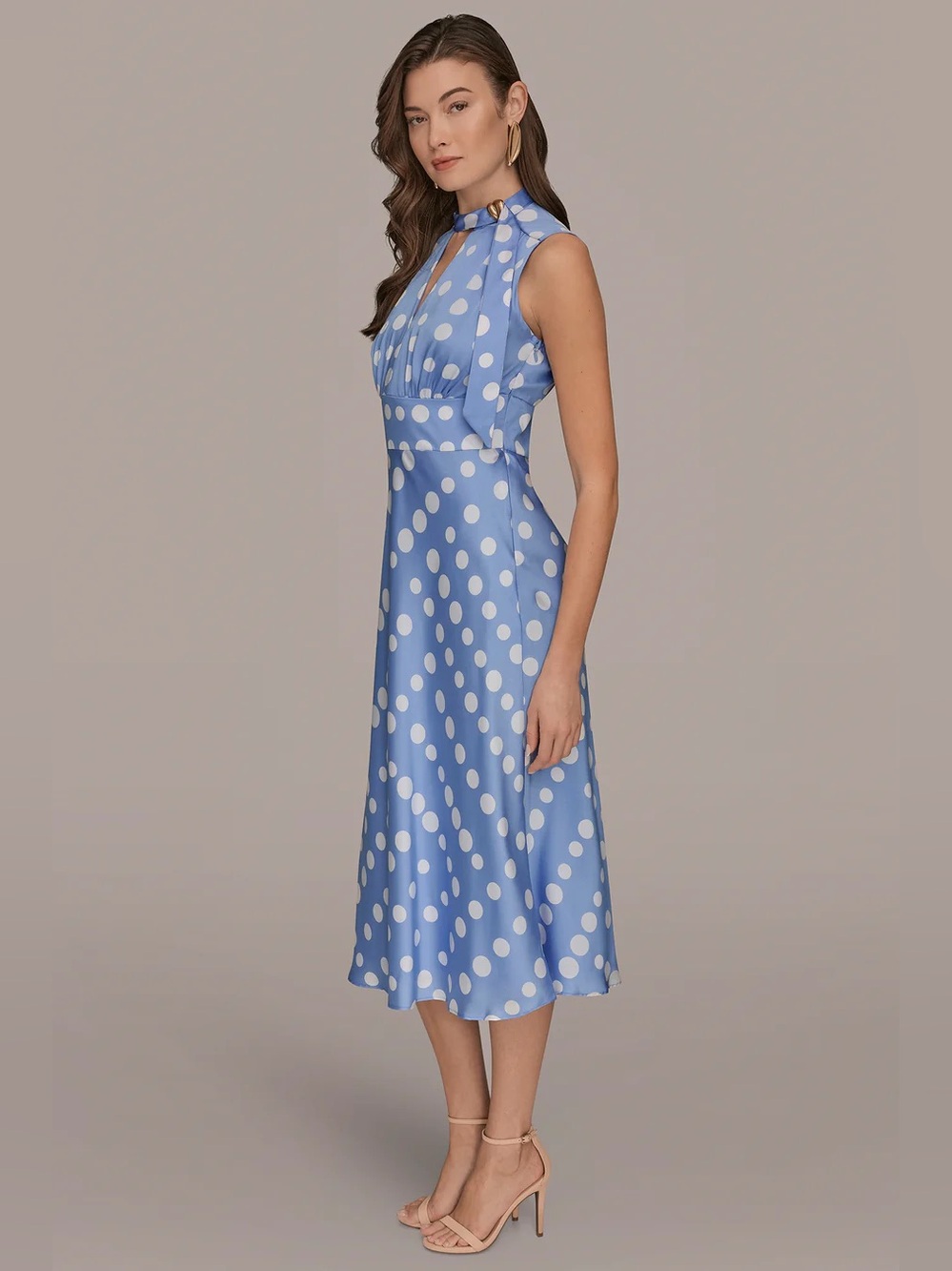 Donna Karan blue SATIN POLKA-DOT TIE-NECK MIDI DRESS - Picture 3 of 12